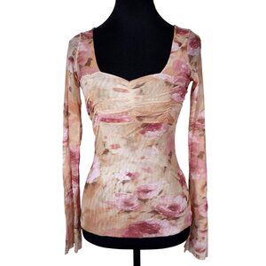 VTG 90s Mesh Sheer Pink Floral Top JPG Style Y2K Coquette Babydoll Feminine Sz S